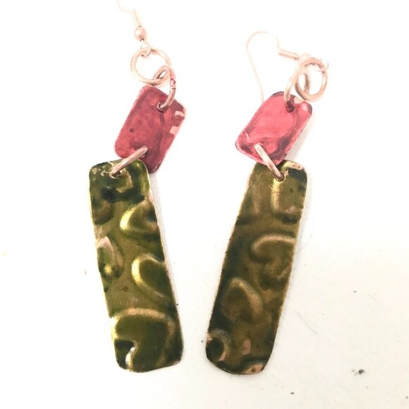 Green Red Pure Hand Painted Solid Copper Dangle Earrings Boho Christmas Gift - Picture 2 of 13
